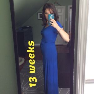 Short sleeved blue maternity maxi dress